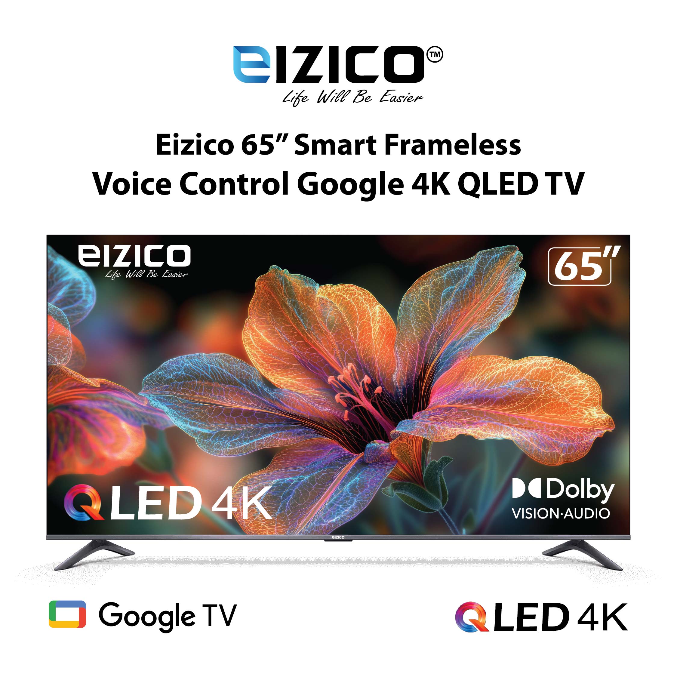 Eizico 65 Inch Smart Frameless Voice Control Google 4K QLED Tv (Model: EL-65VGQFL26)