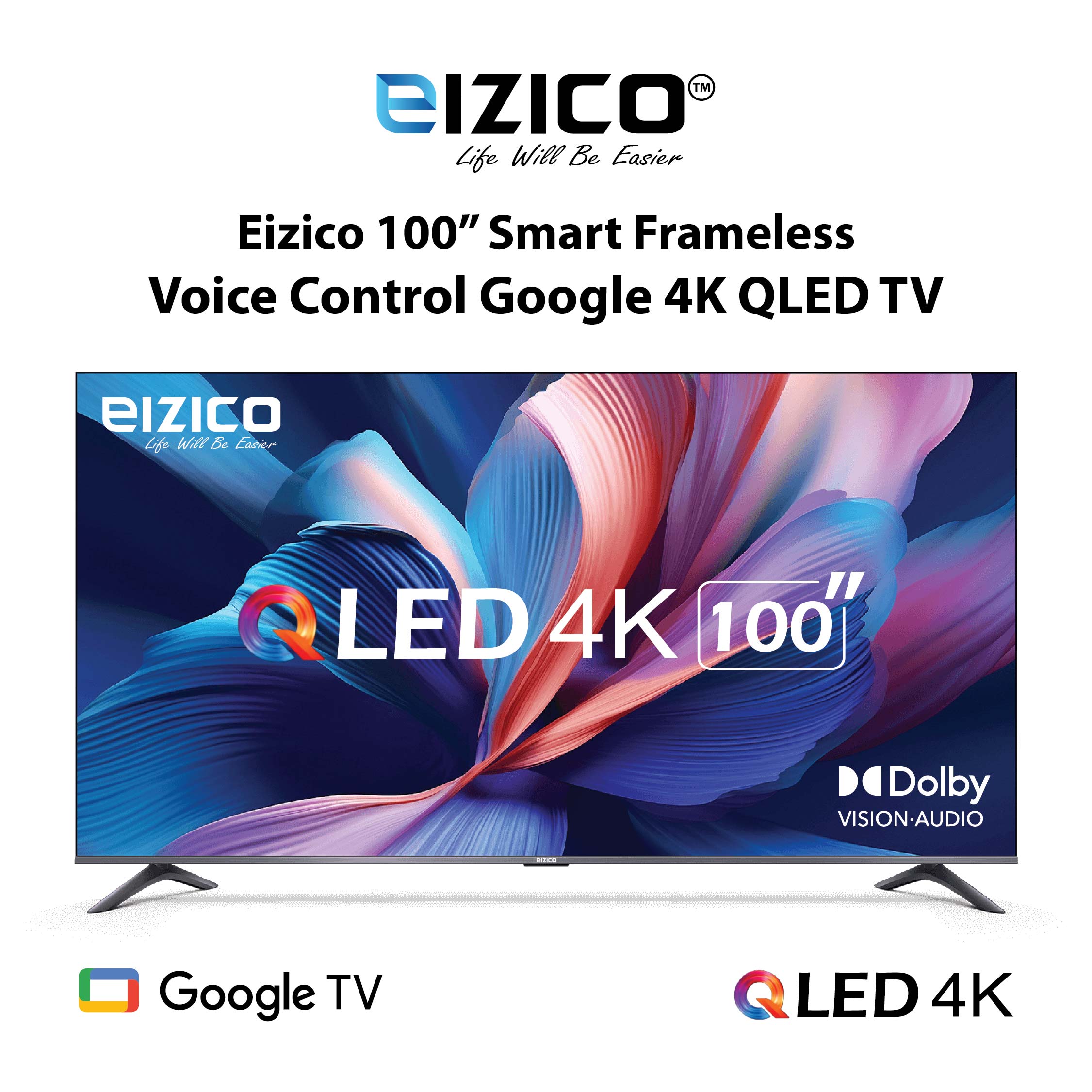 EIZICO 100” SMART 4K ANDROID FRAMELESS VOICE CONTROL LED TV (MODEL-EL100SF4V)