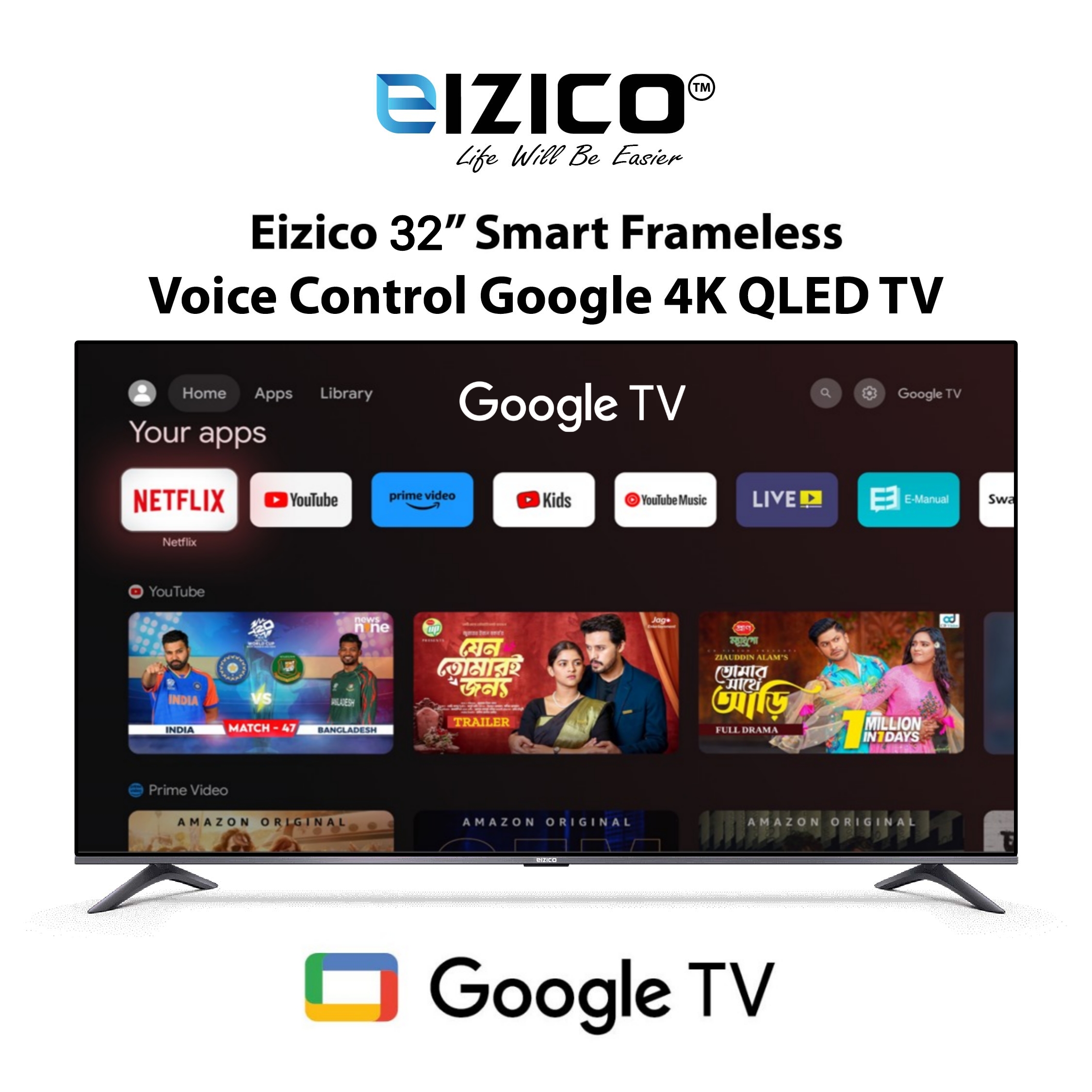 Eizico 32 Inch Smart Frameless Google Led Tv (Model: EL-32SGFL26)