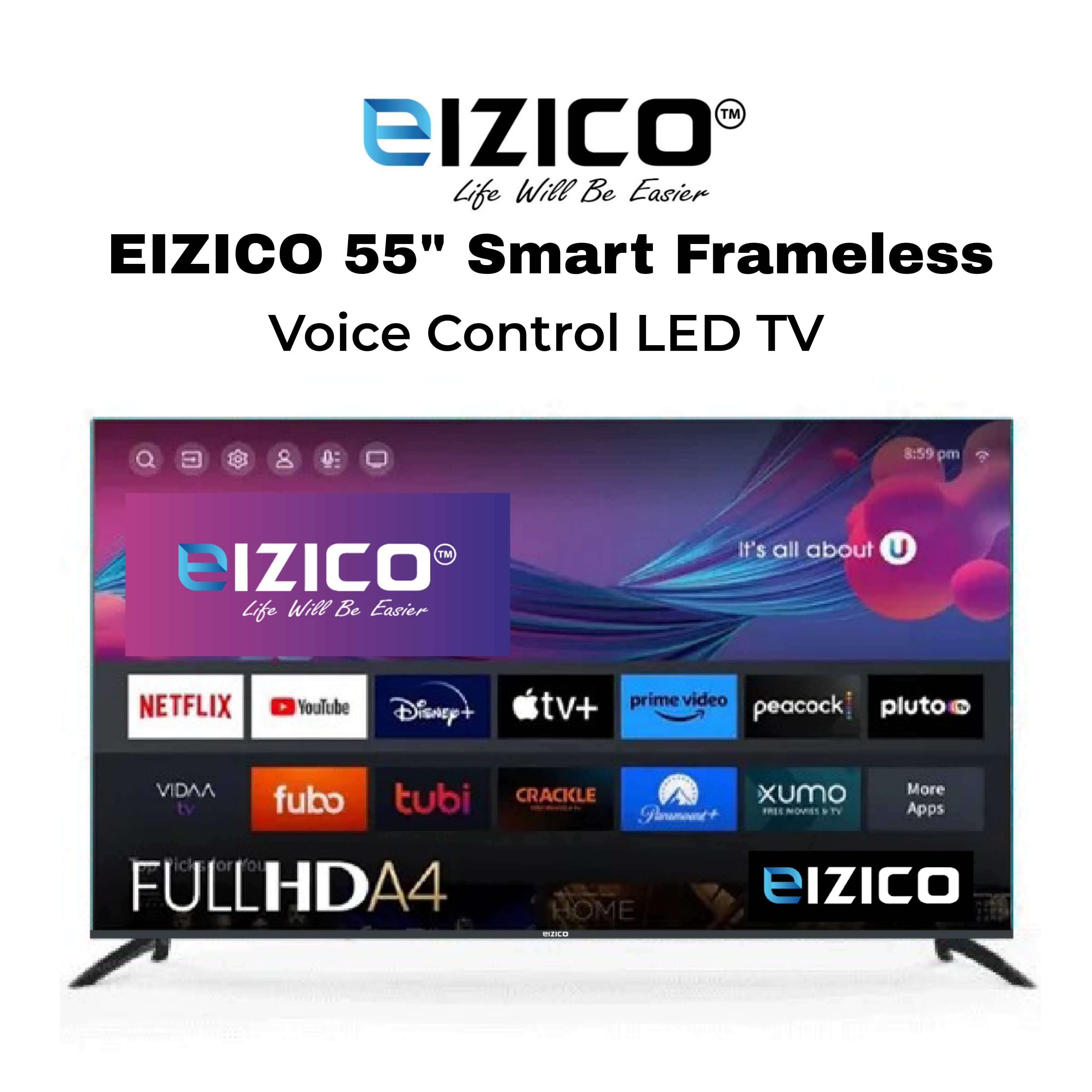 Eizico 55 Inch Smart Frameless Voice Control Led Tv (Model: EL-55VSFL26)