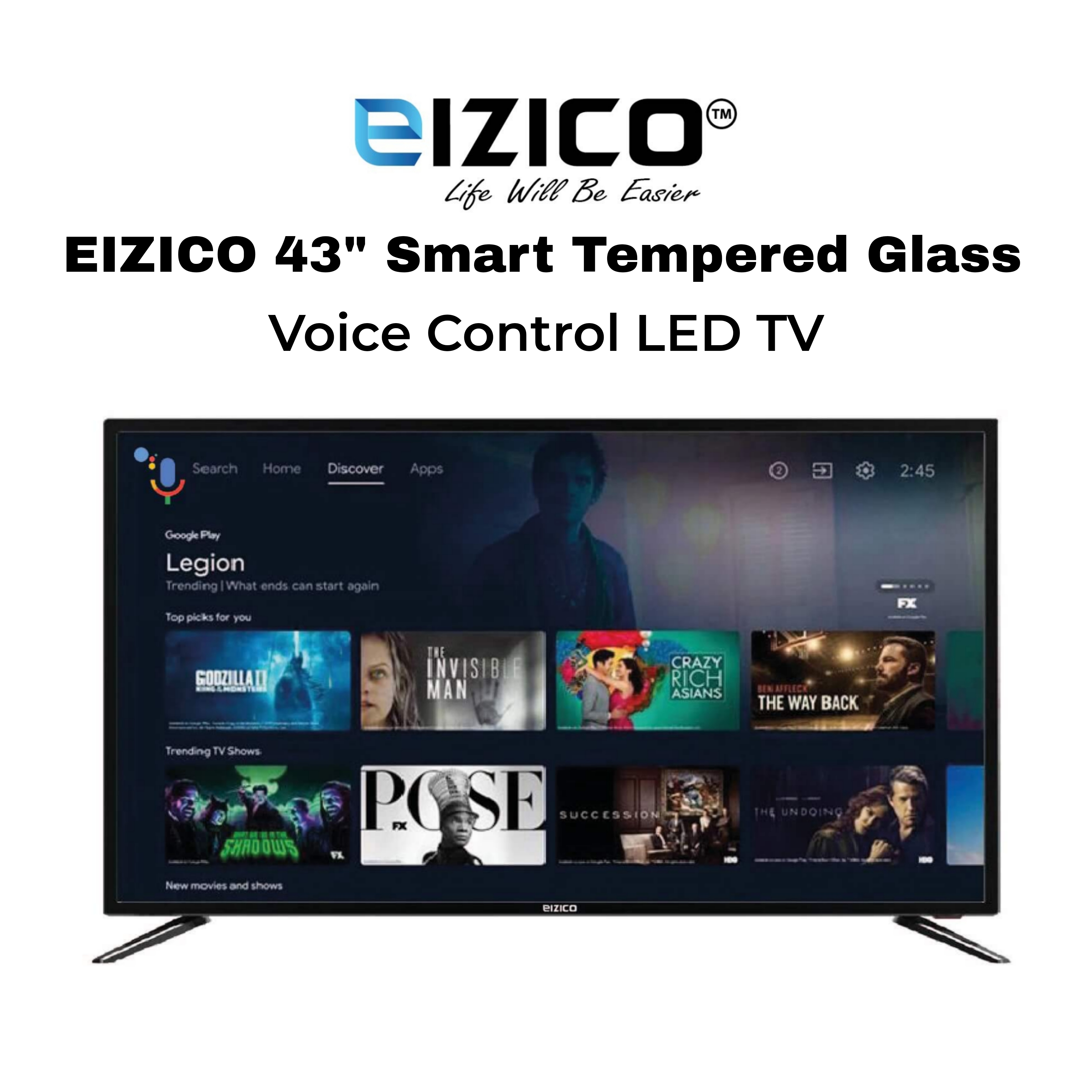 Eizico 43 Inch Smart Tempered Glass Voice Control Led Tv (Model: EL-43VSGL26)