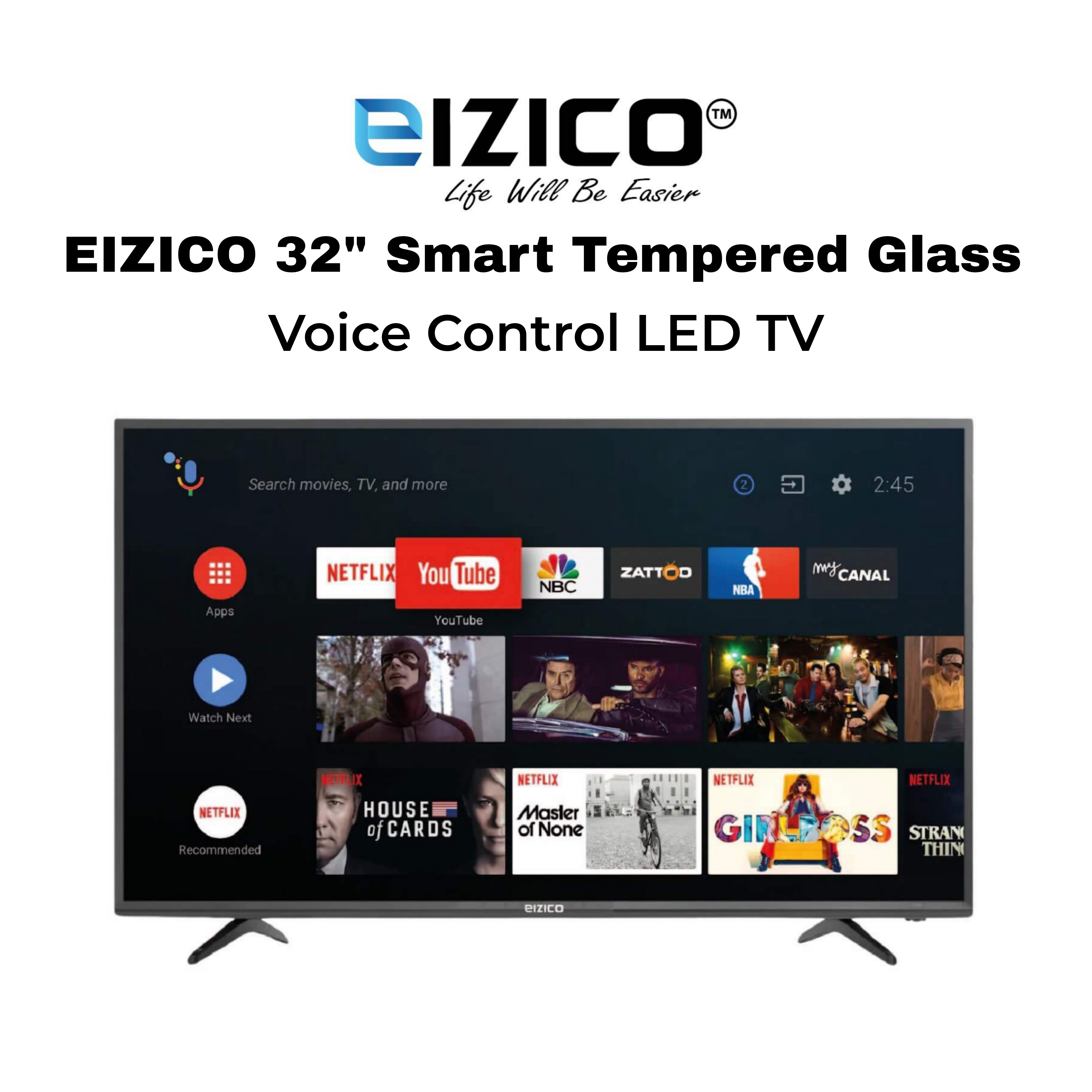 Eizico 32 Inch Smart Tempered Glass Voice Control Led Tv (Model: EL-32VSGL26)