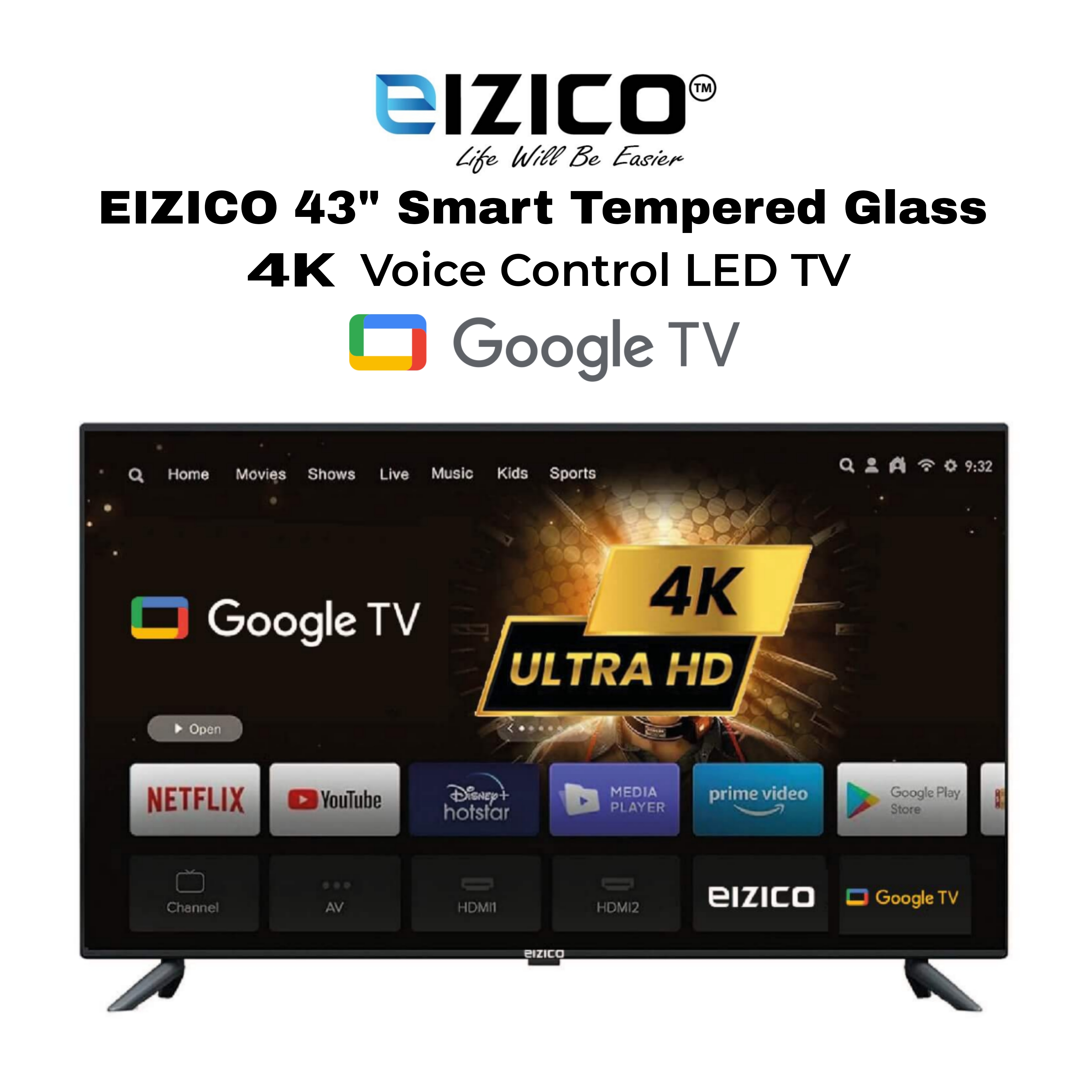 Eizico 43 Inch Tempered Glass Voice Control 4K Google Led Tv (Model: EL-43VGGL26)