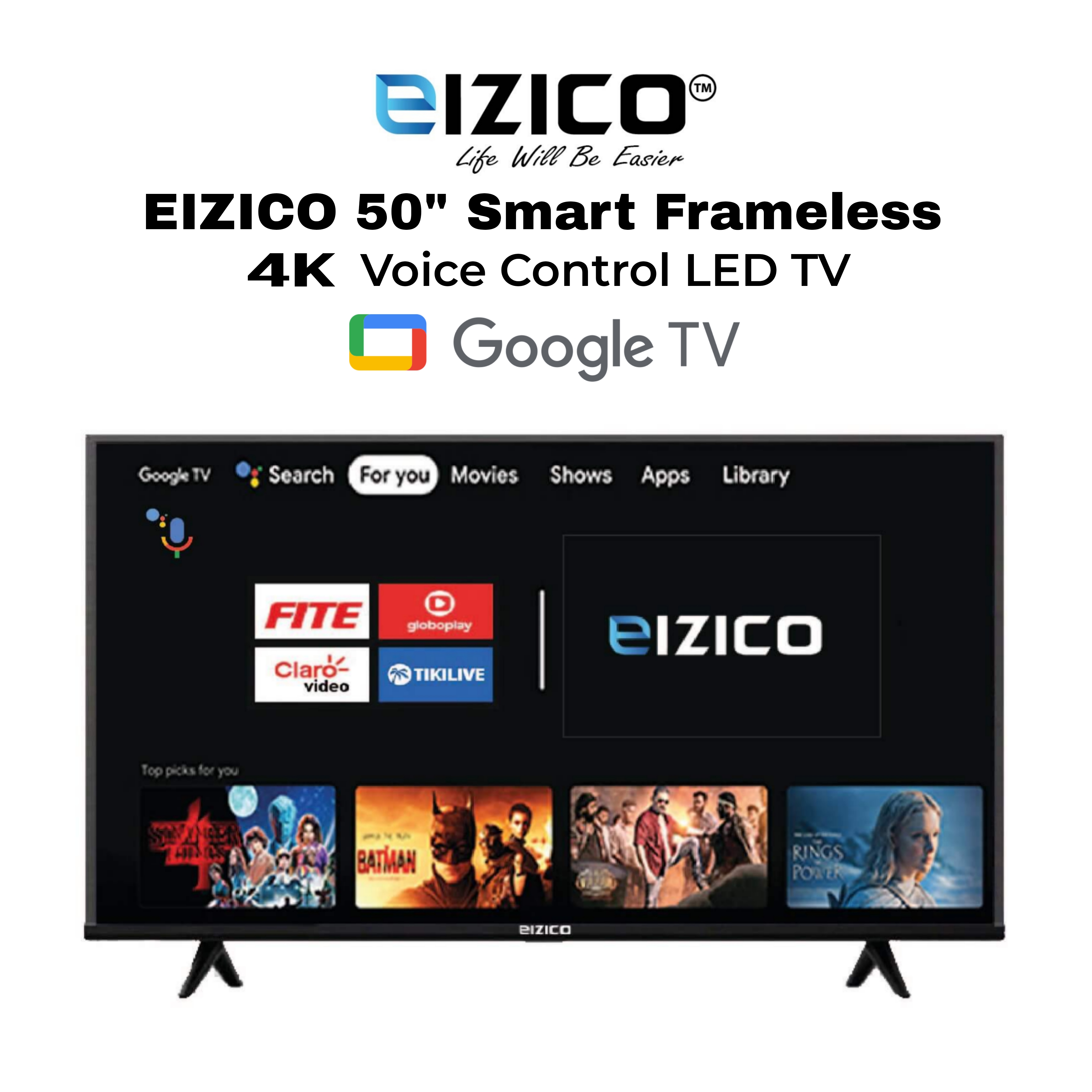 Eizico 50 Inch Smart Frameless Voice Control 4K Google Led Tv (Model: EL-50VGFL26)
