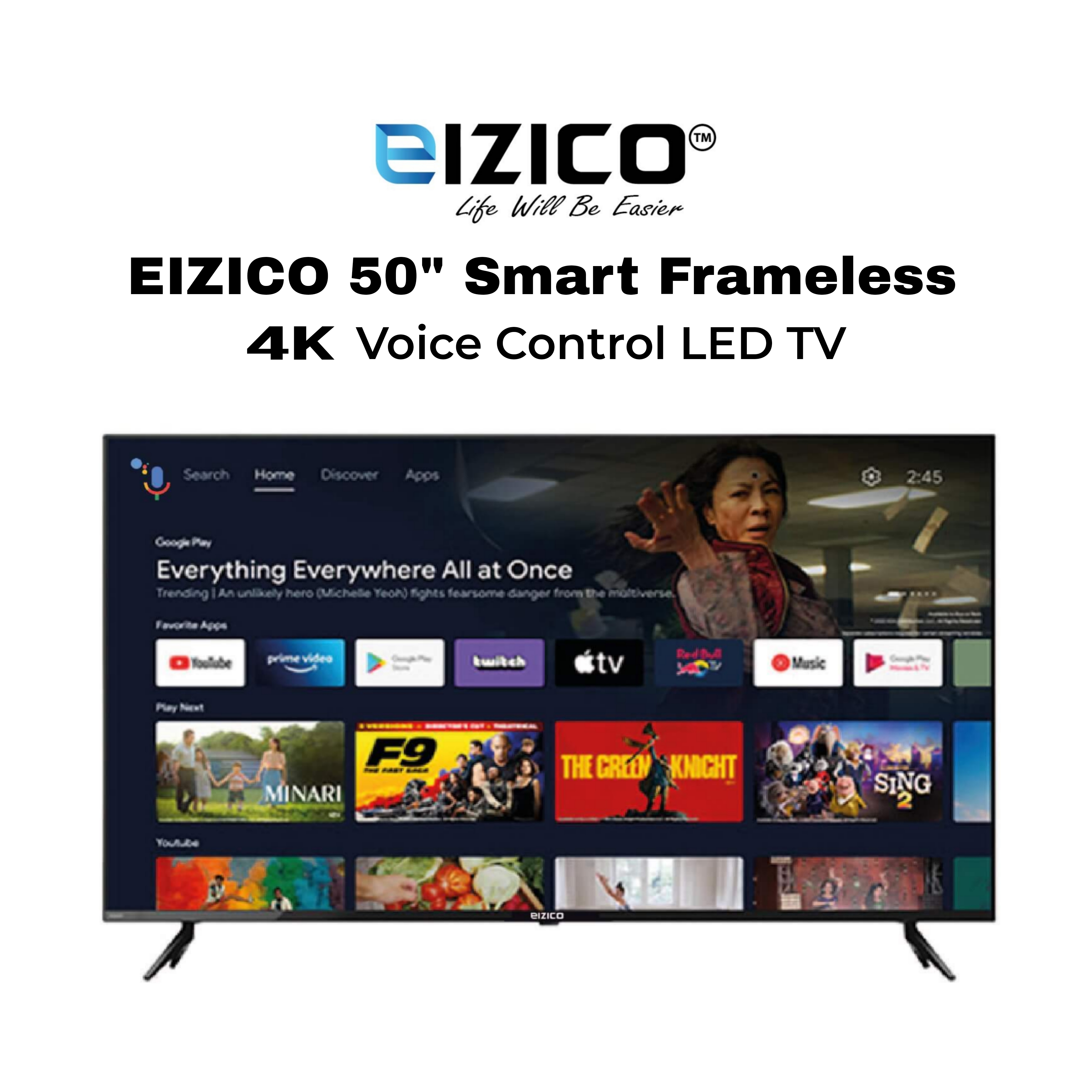 Eizico 50 Inch Smart Frameless Voice Control 4K Led Tv (Model: EL-50VK4SFL26)
