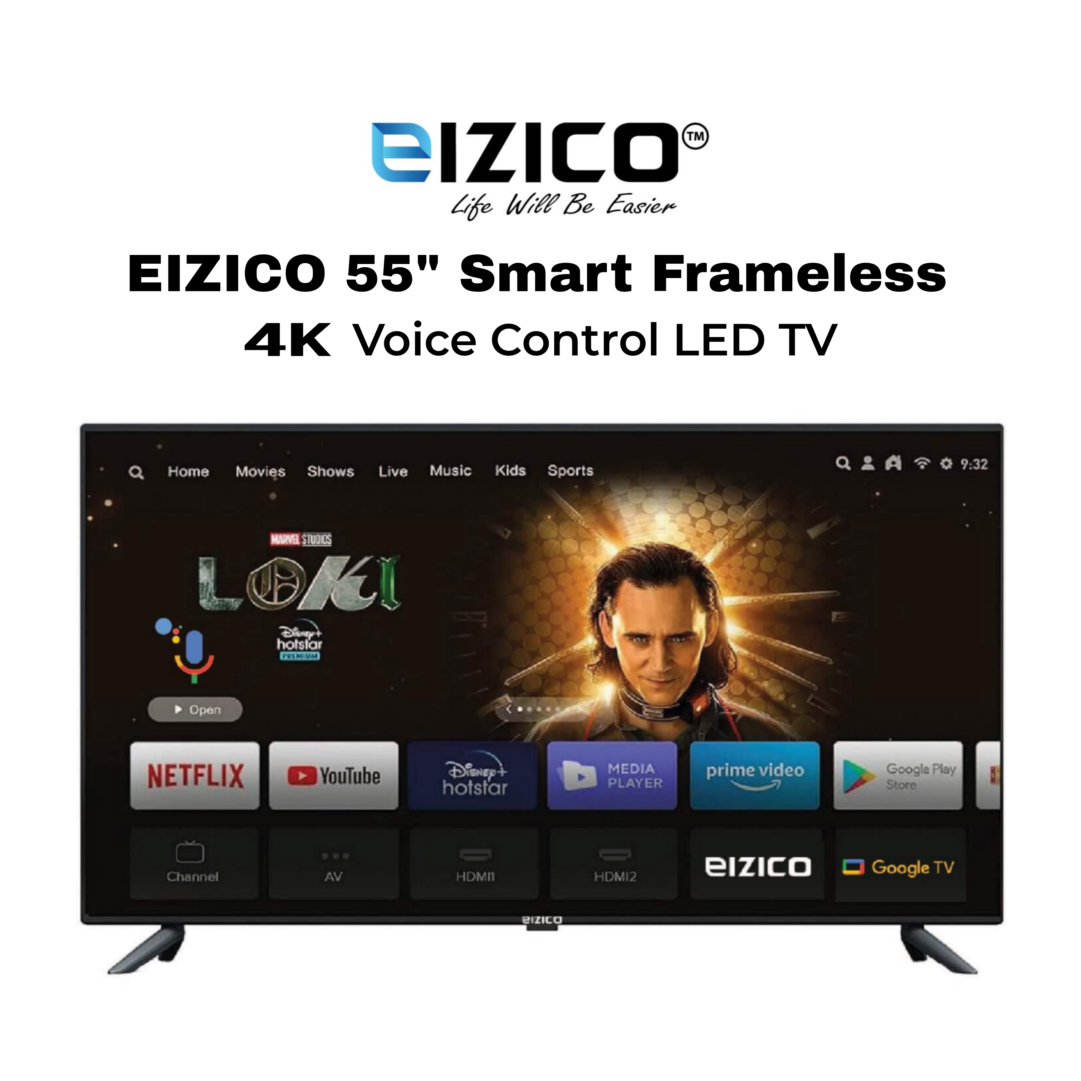 Eizico 55 Inch Smart Frameless Voice Control 4K Led Tv (Model: EL-55VK4FL26)