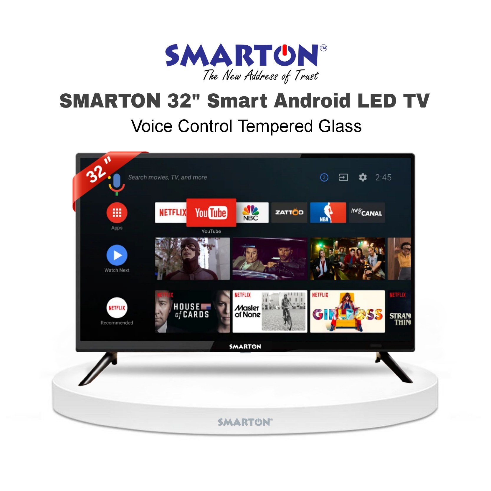 SMARTON 32 INCH SMART VOICE CONTROL DOUBLE GLASS LED TV (MODEL-SM32VSDG26)